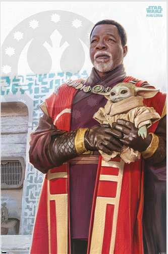 Trends International poster of Greef Karga holding Grogu